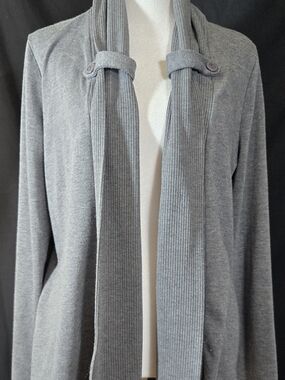 Dress Barn Grey Ribbed-Trim Open Front Cardigan with Button Tabs#728